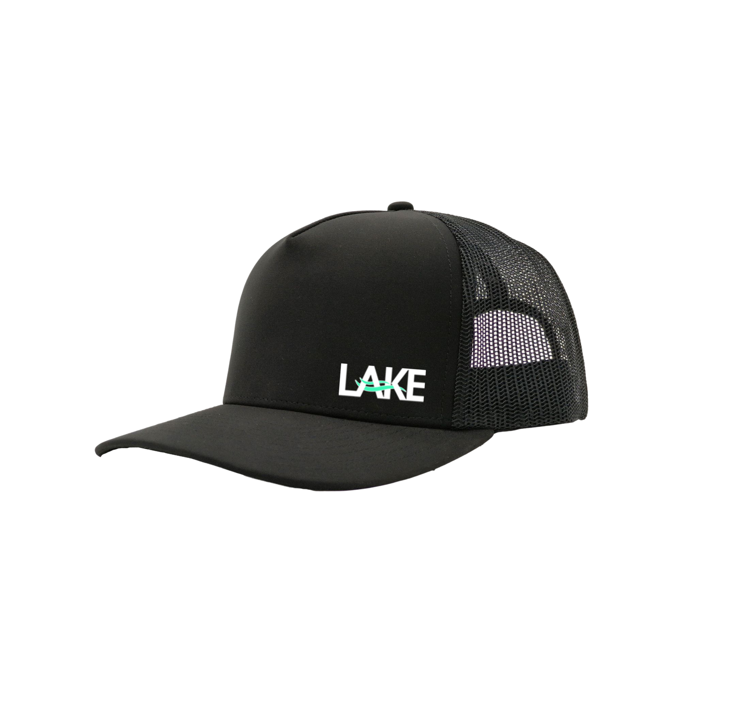 Black mesh trucker hat with the Lake Sunglass logo on the front